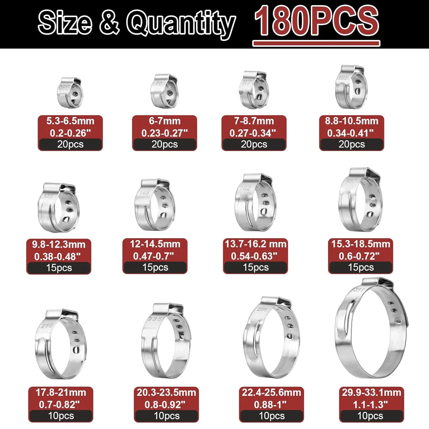 180pcs Single Ear Hose Clamps 12 Sizes 5.3-33.1mm 304 Stainless Steel Crimp Cinch Rings Tools Kit Fitting Pipe Hoses Car Use