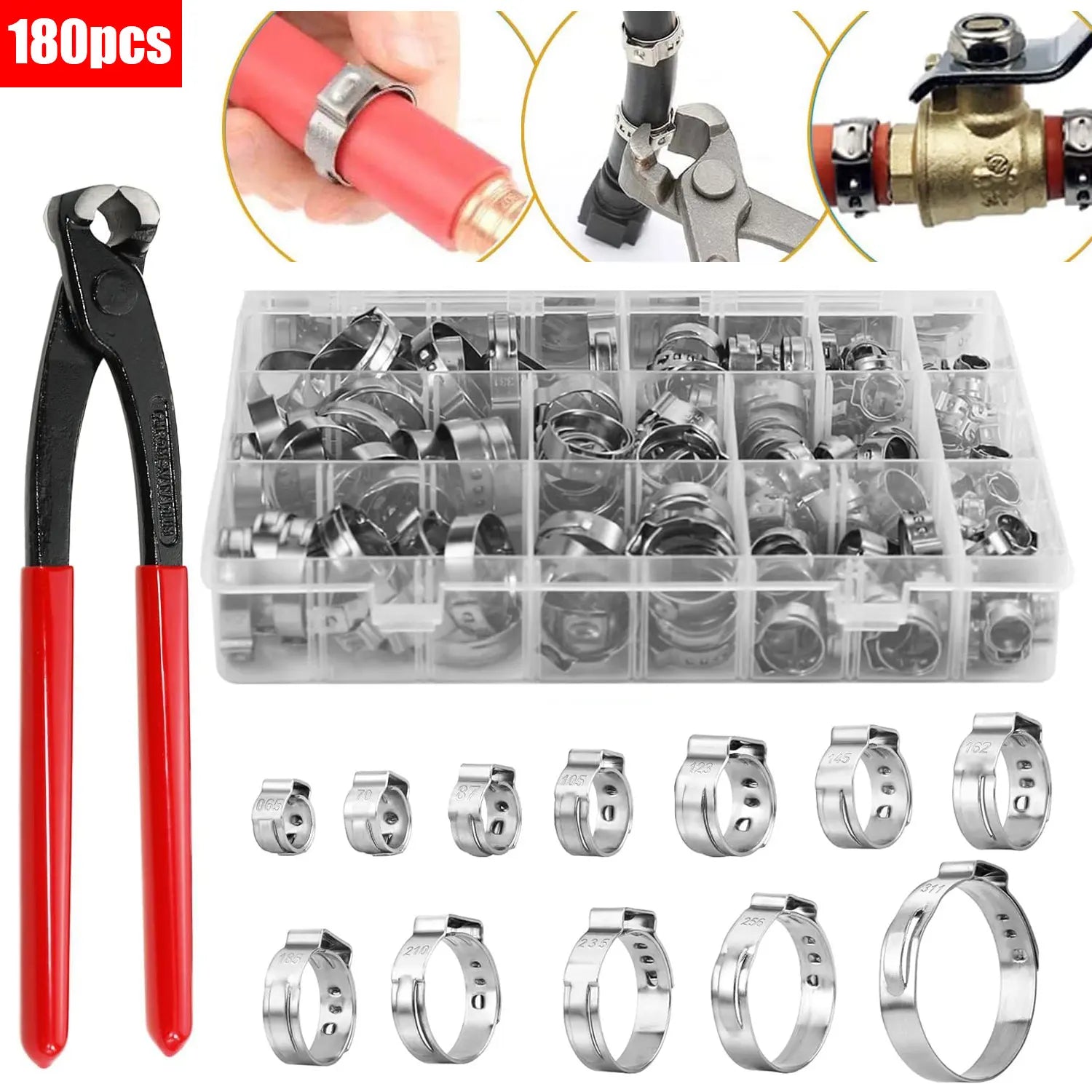 180pcs Single Ear Hose Clamps 12 Sizes 5.3-33.1mm 304 Stainless Steel Crimp Cinch Rings Tools Kit Fitting Pipe Hoses Car Use